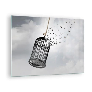 Obraz na skle - Otevření klece a ptáci z ní vylétající proti obloze - 70x50cm - Víra… naděje… svoboda! - Moderní nástěnná dekorace do obývacího pokoje a ložnice ARTTOR
