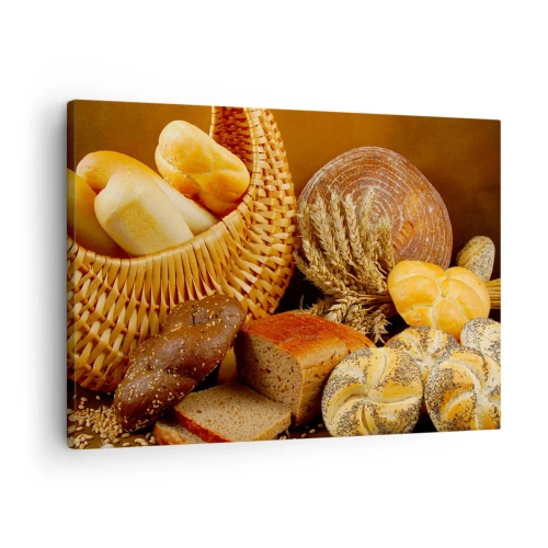 Obraz na plátně - Různé druhy chleba v proutěném košíku na zlatém pozadí - 70x50cm - Znovu jsme měli štěstí - Moderní nástěnná dekorace do obývacího pokoje a ložnice ARTTOR