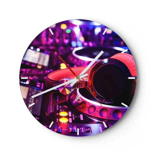 Nástěnné hodiny - DJ sluchátka na konzoli s neonovým osvětlením - 30x30cm - Než začne zábava - Moderní nástěnná dekorace do obývacího pokoje, kuchyně a ložnice ARTTOR