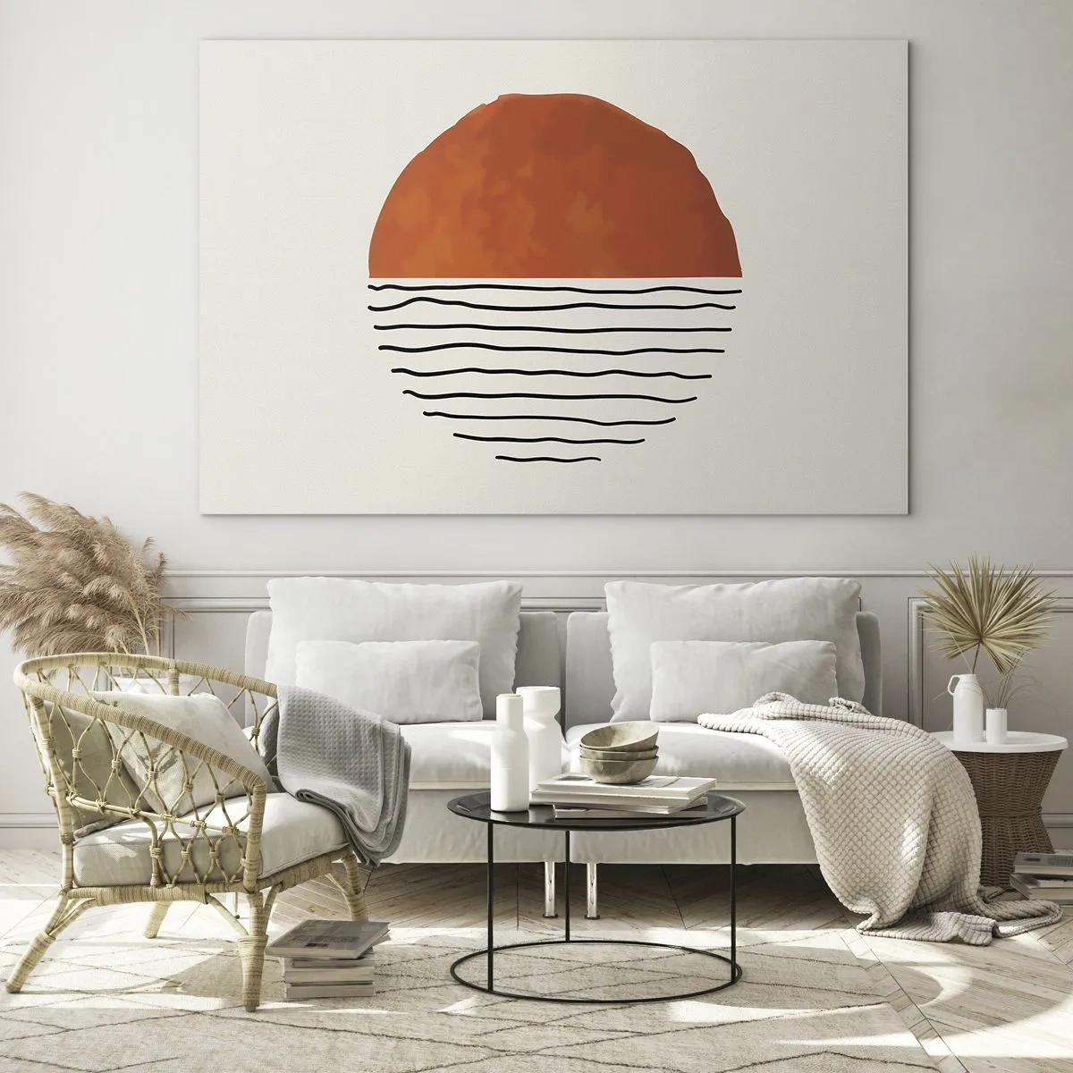 Obraz na skle - Minimalistické slunce nad vlnovou linií - 70x50cm - V japonské atmosféře - Moderní nástěnná dekorace do obývacího pokoje a ložnice ARTTOR