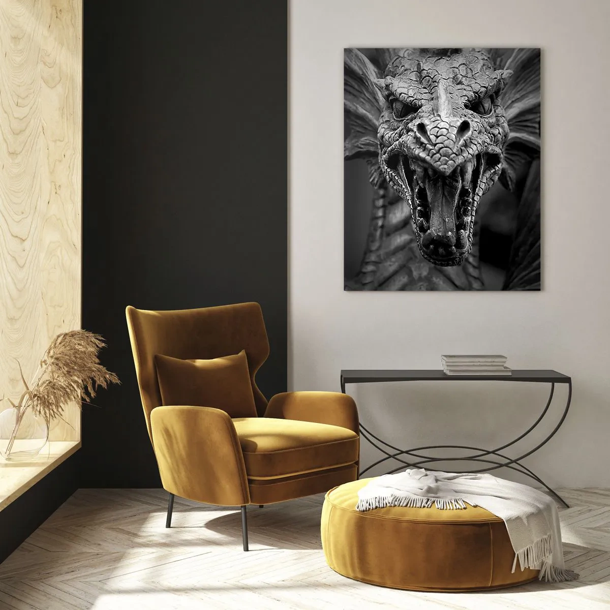 Obraz na skle - Pohádkový drak v šedi - 50x70 cm
