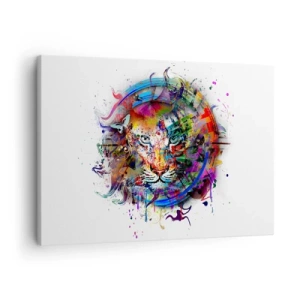 Obraz na plátně - Barevný portrét lva v abstraktním stylu - 70x50cm - Skrývá se za duhovým závojem - Moderní nástěnná dekorace do obývacího pokoje a ložnice ARTTOR