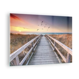 Obraz na skle - Dřevěná lávka přes duny vedoucí na pláž při západu slunce - 70x50cm - Prostor pro vzestupy - Moderní nástěnná dekorace do obývacího pokoje a ložnice ARTTOR