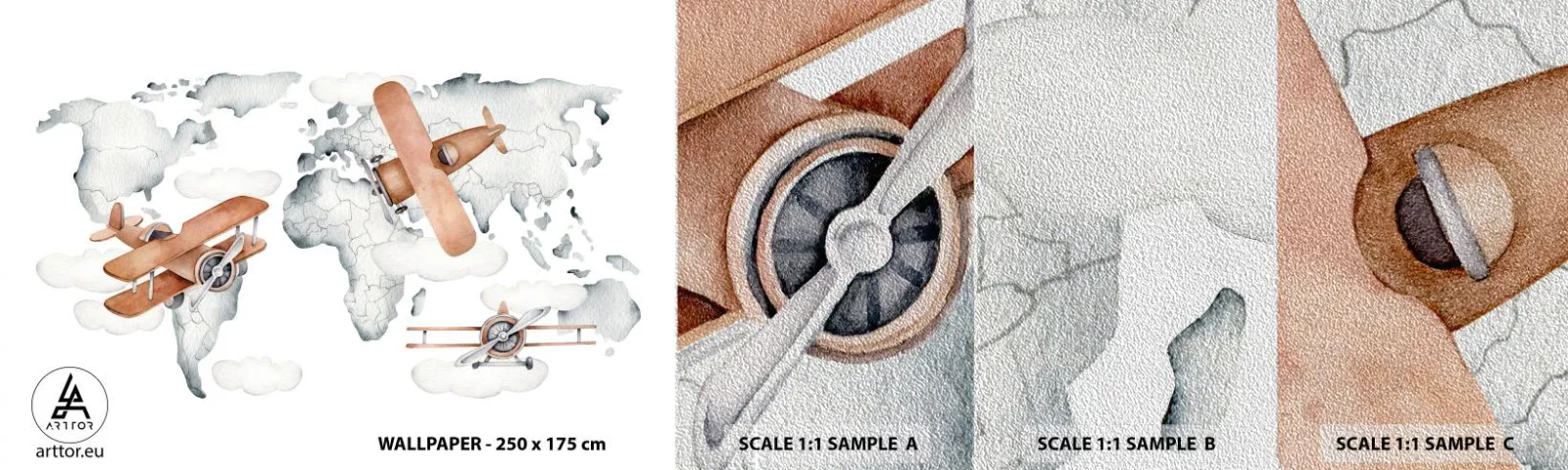 Vzor Fototapety Premium Sand - V průkopnickém duchu - Mapa světa, Letadla, Dětské - 100x30 cm