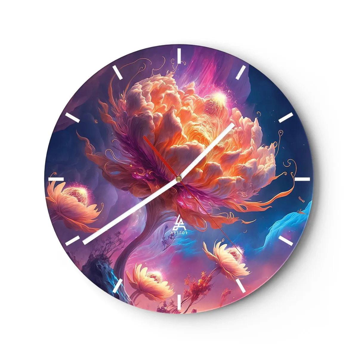 Nástěnné hodiny - Fantastická květina osvětlená v kosmické krajině - 30x30cm - Jiný svět - Moderní nástěnná dekorace do obývacího pokoje, kuchyně a ložnice ARTTOR
