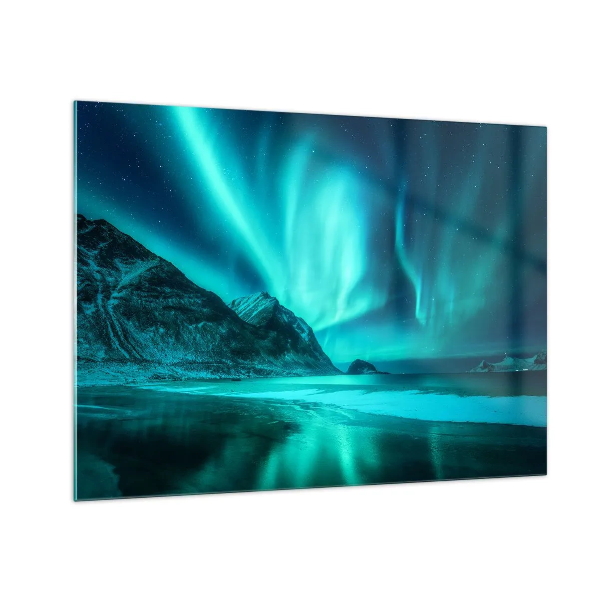 Obraz na skle - Polární záře nad horskou krajinou a zamrzlým mořem - 70x50cm - Divy severu - Moderní nástěnná dekorace do obývacího pokoje a ložnice ARTTOR