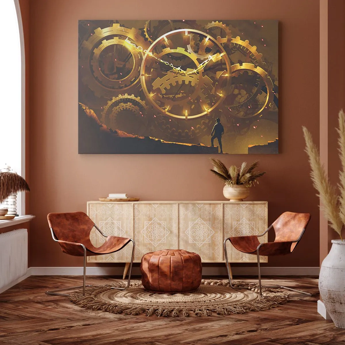 Obraz na plátně - Zlatá ozubená kola v surrealistickém prostředí s postavou - 70x50cm - U zdroje času - Moderní nástěnná dekorace do obývacího pokoje a ložnice ARTTOR