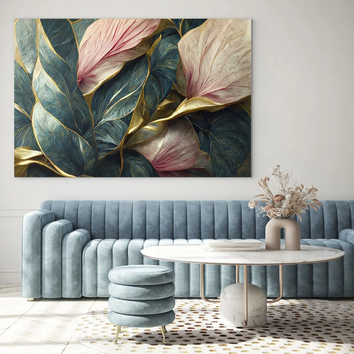 Obraz na skle - Zelené a růžové listy se zlatými akcenty - 70x50cm - Přirozená elegance a styl - Moderní nástěnná dekorace do obývacího pokoje a ložnice ARTTOR