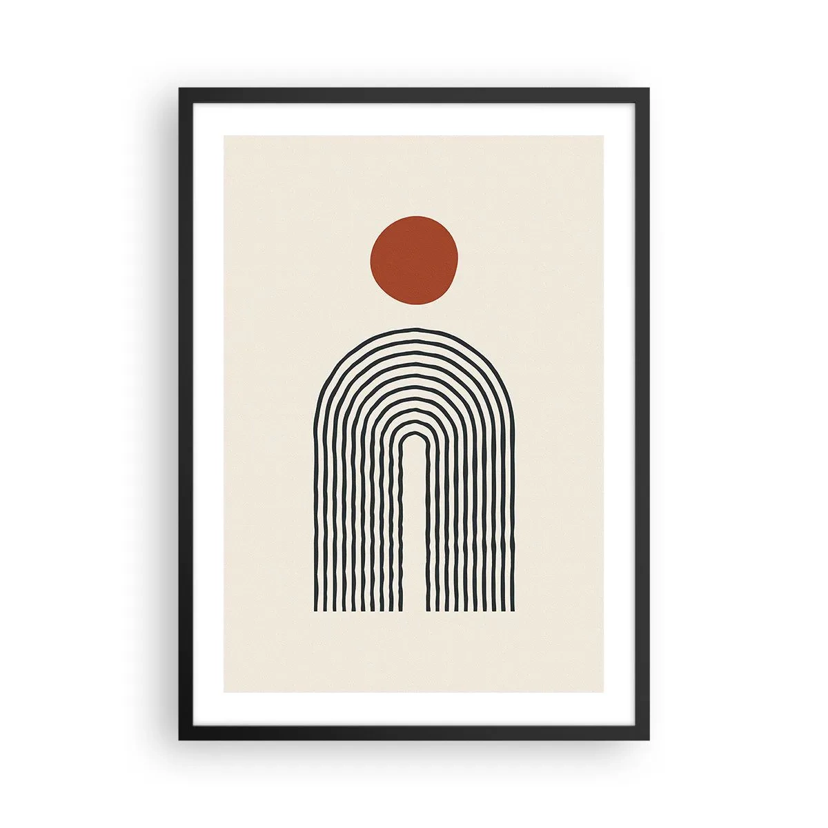 Plakát v černém rámu - Geometrická abstrakce s lineárním obloukem a červeným kruhem. - 50x70cm - Magnetismus tvarů a barev - Moderní nástěnná dekorace do obývacího pokoje a ložnice ARTTOR