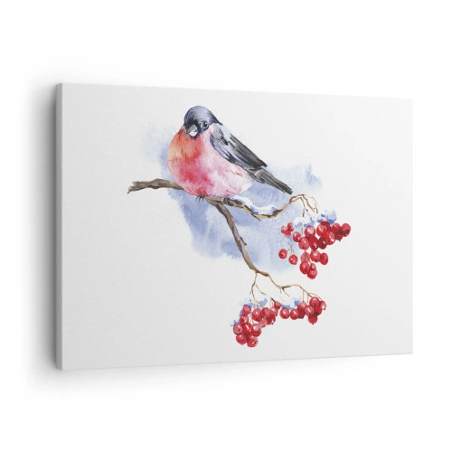 Obraz na plátně - Pták na větvi s červeným ovocem na akvarelovém pozadí - 70x50cm - Barevná zima - Moderní nástěnná dekorace do obývacího pokoje a ložnice ARTTOR