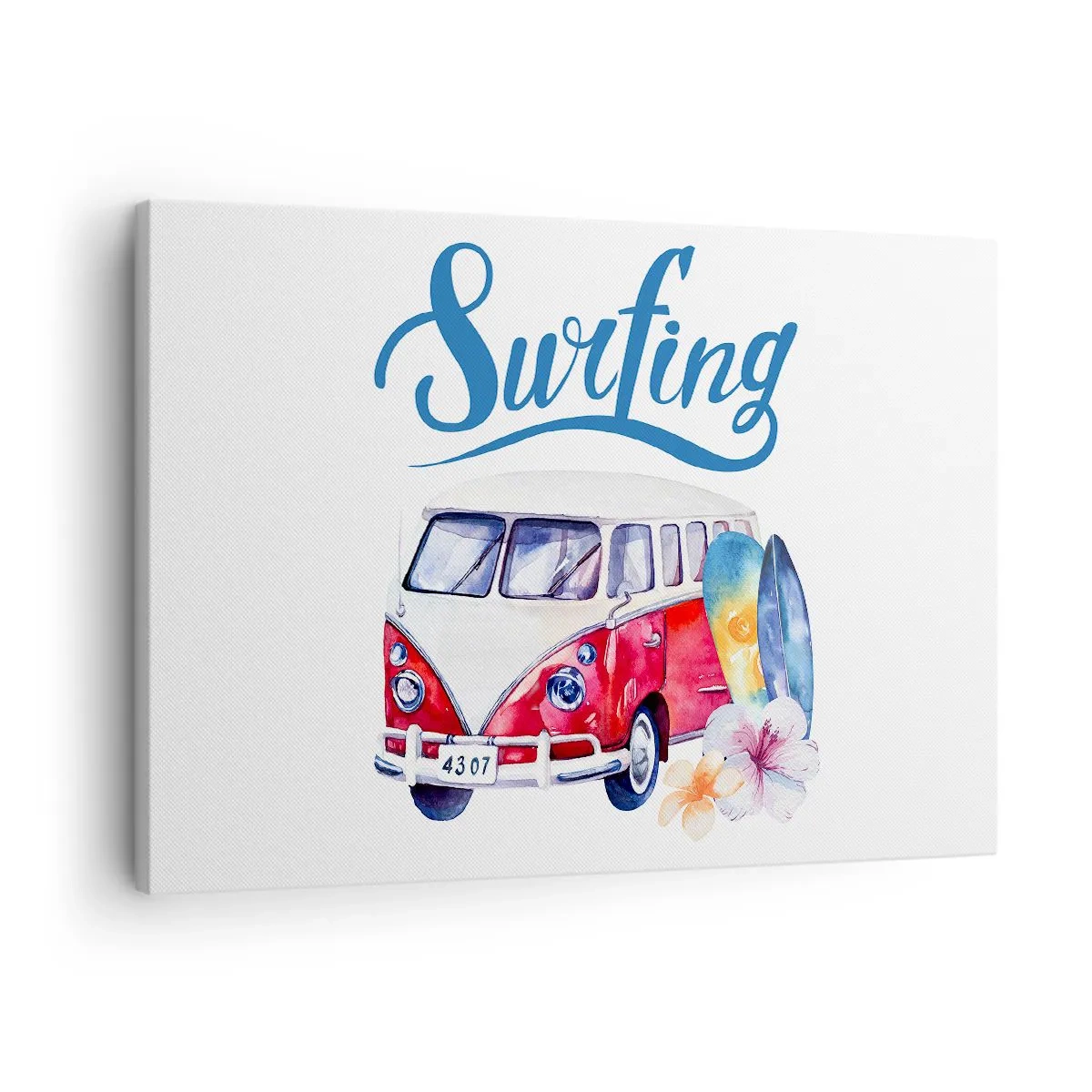 Obraz na plátně - Barevná grafika s autobusem a surfovacím tématem - 70x50cm - Okurka - klasika pro surfaře - Moderní nástěnná dekorace do obývacího pokoje a ložnice ARTTOR