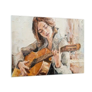 Obraz na skle - Dívka hrající na kytaru v impresionistickém stylu - 70x50cm - Koncert pro kytaru a dívčí srdce - Moderní nástěnná dekorace do obývacího pokoje a ložnice ARTTOR