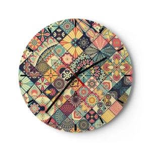 Nástěnné hodiny - Barevný patchworkový motiv s geometrickými vzory - 30x30cm - Marokánská vize - Moderní nástěnná dekorace do obývacího pokoje, kuchyně a ložnice ARTTOR