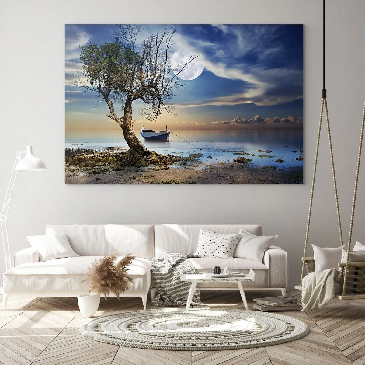 Obraz na skle - Osamělá loď u stromu na pozadí měsíce - 70x50cm - Je to konec nebo začátek? - Moderní nástěnná dekorace do obývacího pokoje a ložnice ARTTOR