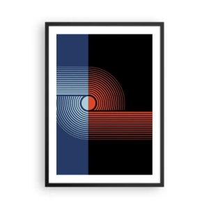 Plakát v černém rámu - Geometrická kompozice s čarami v tmavě modré a oranžové barvě. - 50x70cm - V geometrickém objetí - Moderní nástěnná dekorace do obývacího pokoje a ložnice ARTTOR