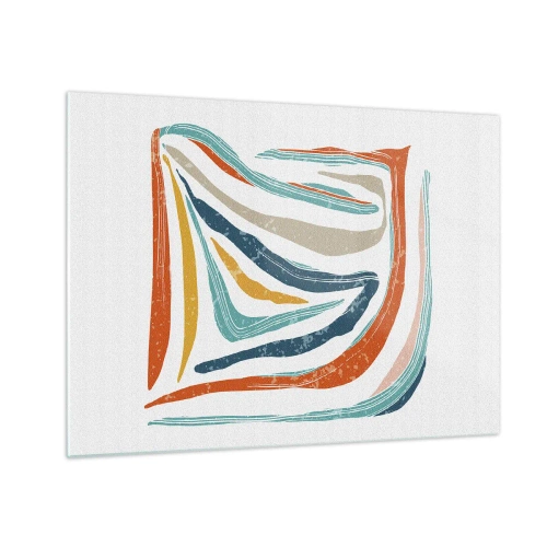 Obraz na skle - Barevné pruhy vytvářejí dynamickou abstrakci na bílém pozadí - 70x50cm - Přátelsky usměvavá abstrakce - Moderní nástěnná dekorace do obývacího pokoje a ložnice ARTTOR