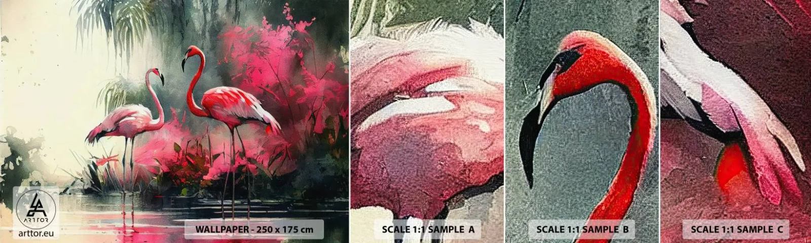 Vzor Fototapety Samolepicí Deluxe Sticker - Hodiny přírodního kouzla - Plameňáci, Kus, Krajina - 100x30 cm