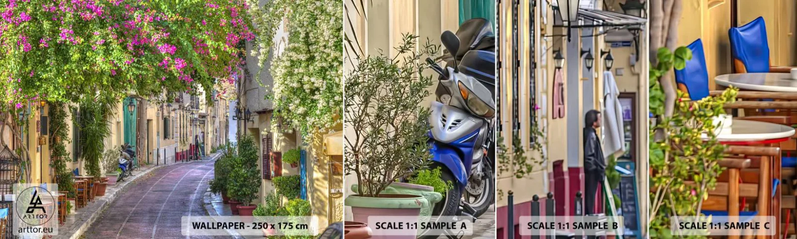 Fototapeta Vzorek Standard Eco - Kvetoucí zákoutí - Architektura, Řecko, Město - 100x30 cm