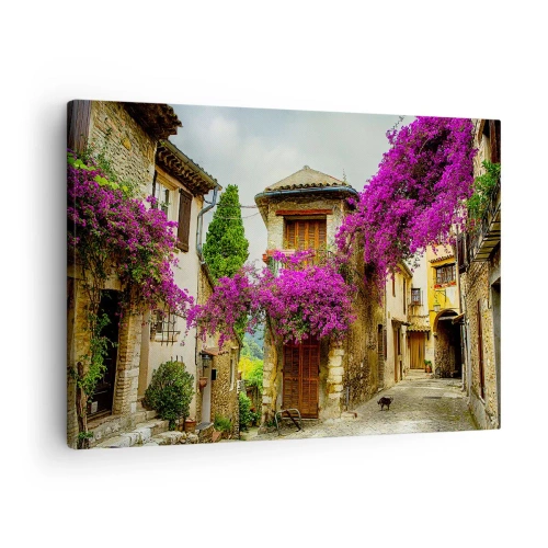 Obraz na plátně - Kamenná ulice s růžovými květinami a domy - 70x50cm - Pod květinovým baldachýnem - Moderní nástěnná dekorace do obývacího pokoje a ložnice ARTTOR