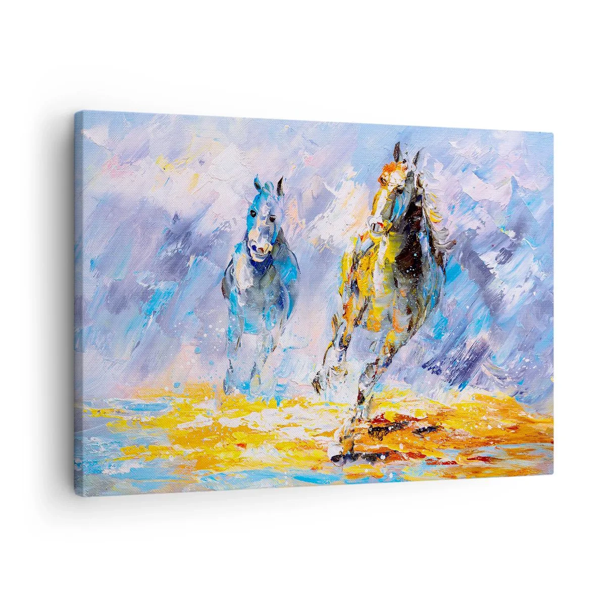 Obraz na plátně - Dva koně v pohybu na pozadí abstraktní krajiny - 70x50cm - Cválající skrze září - Moderní nástěnná dekorace do obývacího pokoje a ložnice ARTTOR