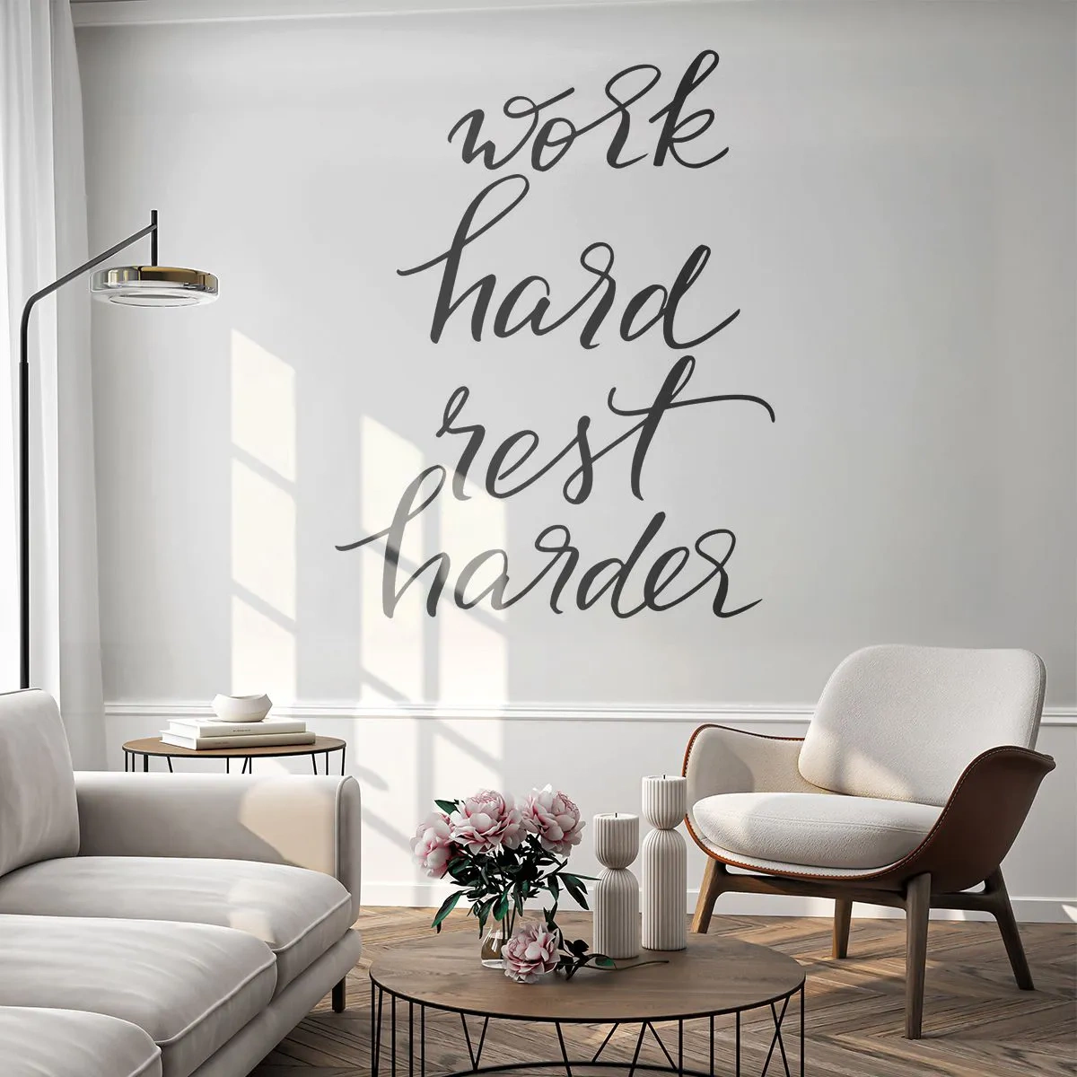 Fototapeta Standard Eco - Citát „Pracuj tvrdě, odpočívej tvrději“ v elegantní kaligrafii - 100x70cm - Životní rovnováha - Moderní nástěnná dekorace do obývacího pokoje a ložnice ARTTOR