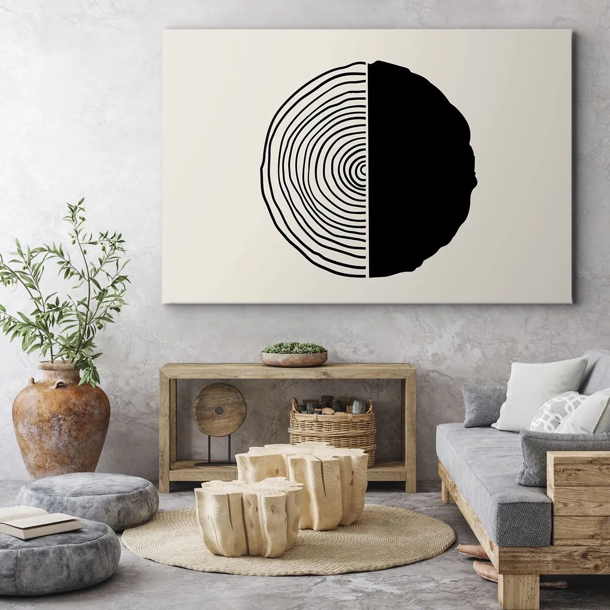 Obraz na plátně - Abstraktní černobílý motiv inspirovaný průřezem dřeva s geometrickým členěním. - 70x50cm - Půl na půl - Moderní nástěnná dekorace do obývacího pokoje a ložnice ARTTOR