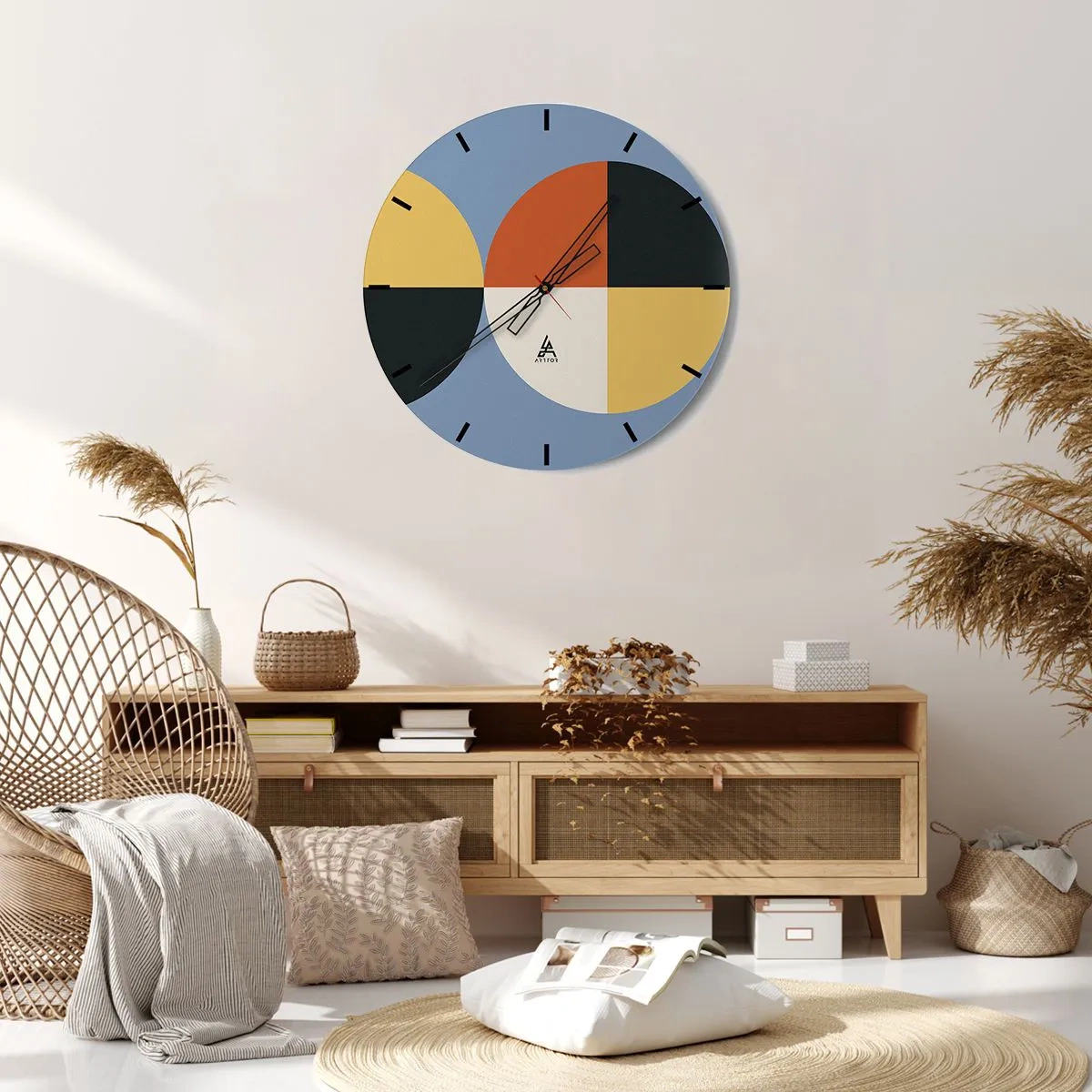 Nástěnné hodiny - Geometrická kompozice s barevnými půlkruhy a čtverci - 30x30cm - Koukej a počítej - Moderní nástěnná dekorace do obývacího pokoje, kuchyně a ložnice ARTTOR