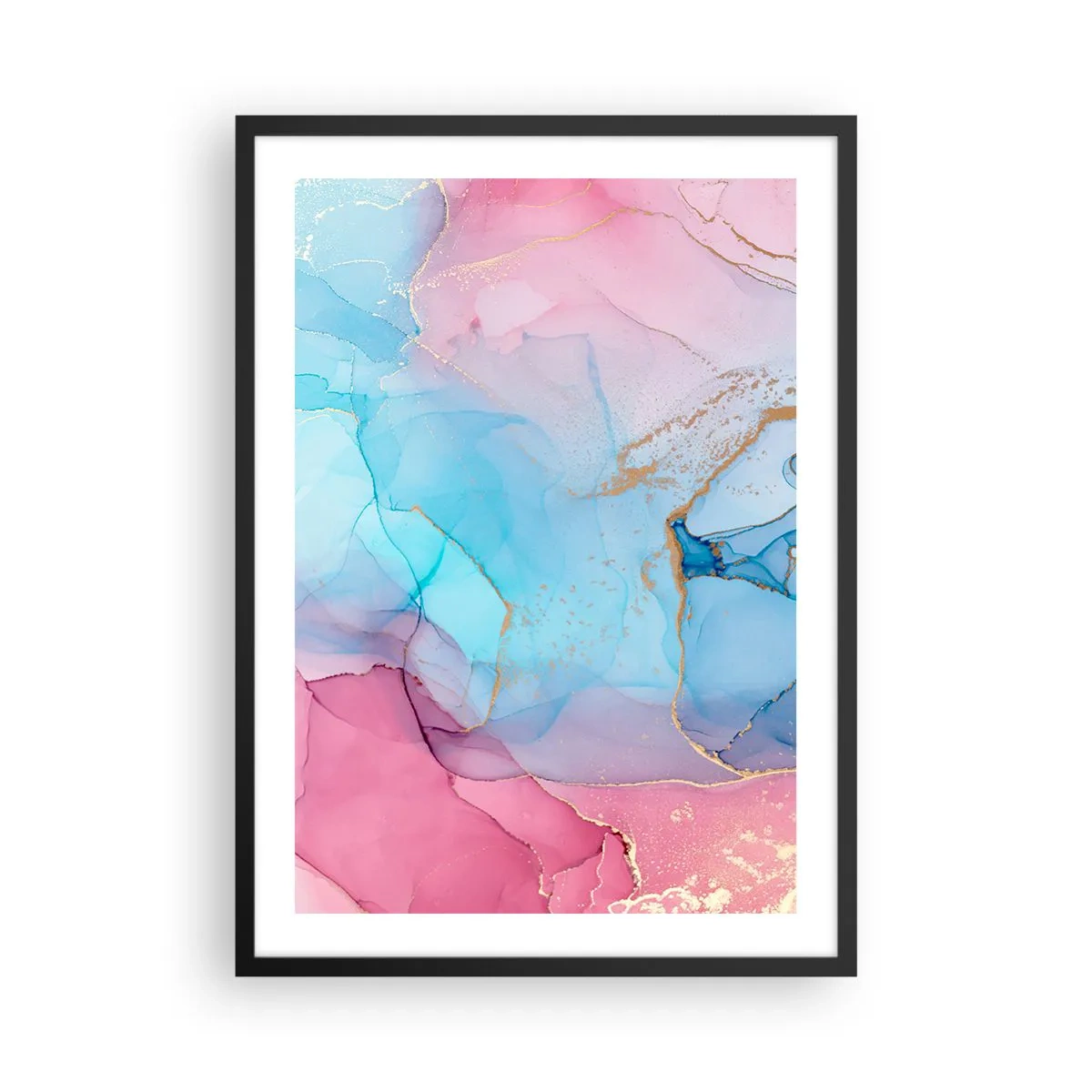 Plakát v černém rámu - Abstraktní skvrny v odstínech růžové, modré a zlaté - 50x70cm - Setkávání a prolínání - Moderní nástěnná dekorace do obývacího pokoje a ložnice ARTTOR