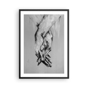 Plakát v černém rámu - Monochromatický obraz sepjatých rukou na šedém pozadí. - 50x70cm - Začátek… - Moderní nástěnná dekorace do obývacího pokoje a ložnice ARTTOR