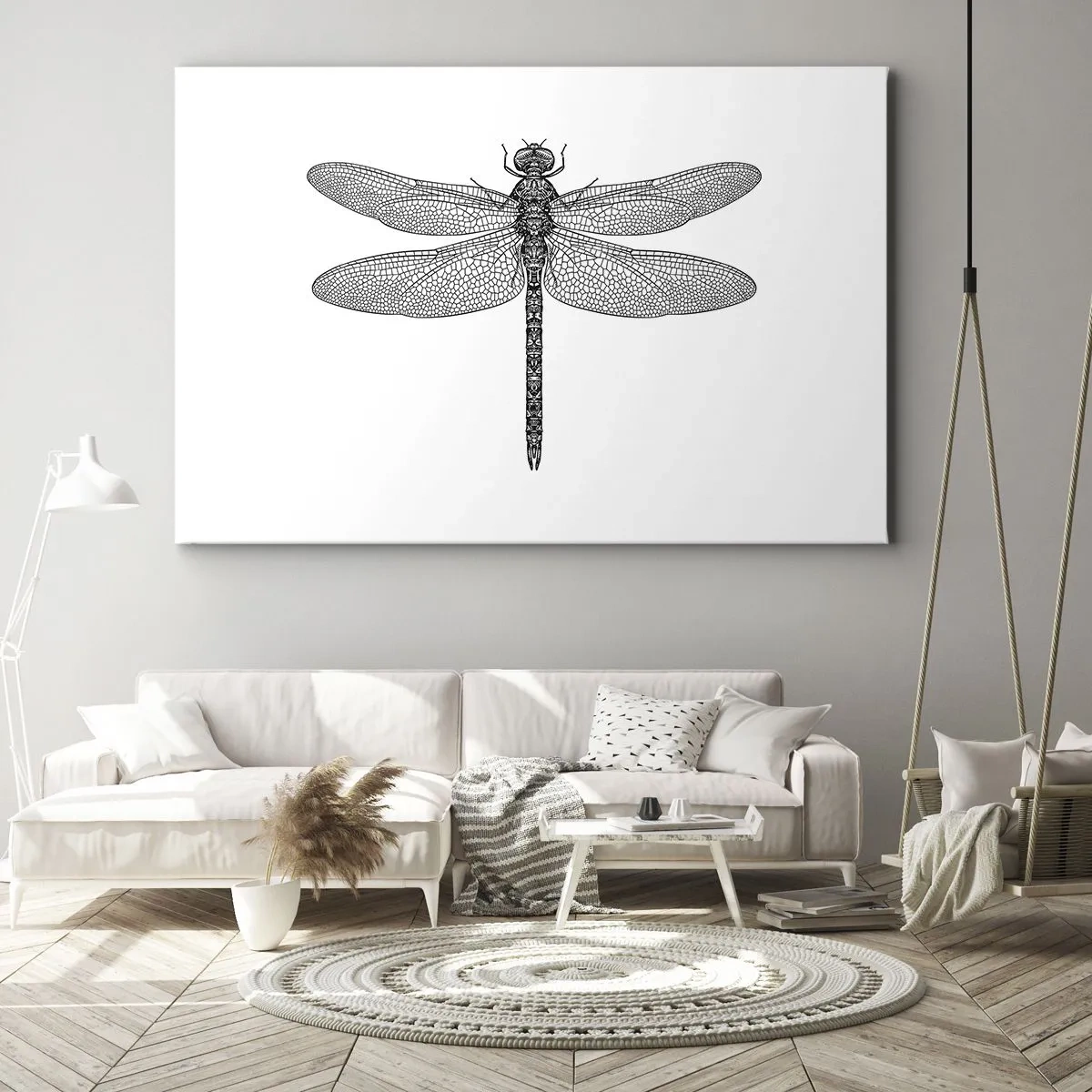 Obraz na plátně - Černobílá kresba vážky na bílém pozadí v minimalistickém stylu - 70x50cm - Přesnost přírody - Moderní nástěnná dekorace do obývacího pokoje a ložnice ARTTOR