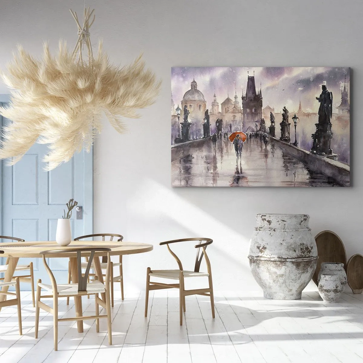 Obraz na plátně - Romantický výhled na most s deštníkem na pozadí večerního města - 70x50cm - Lidé se nemění - Moderní nástěnná dekorace do obývacího pokoje a ložnice ARTTOR