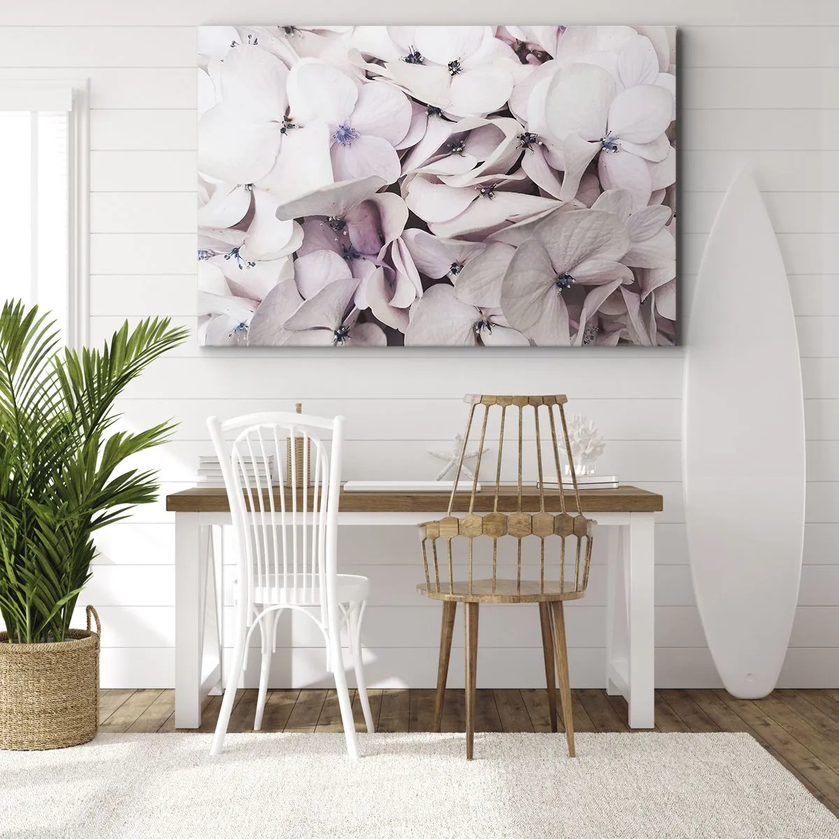 Obraz na plátně - Jemné bílé hortenzie v pastelových odstínech - 70x50cm - V záplavě květin - Moderní nástěnná dekorace do obývacího pokoje a ložnice ARTTOR