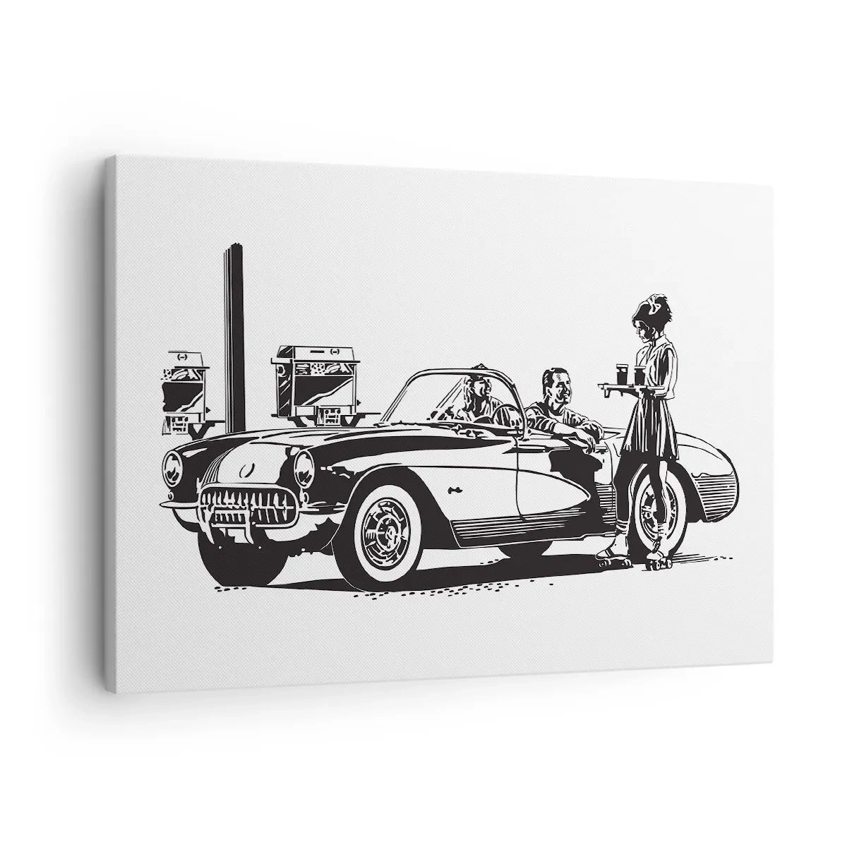 Obraz na plátně - Černobílá retro scéna s autem a servírkou na kolečkových bruslích. - 70x50cm - 60. - bezstarostná Amerika - Moderní nástěnná dekorace do obývacího pokoje a ložnice ARTTOR