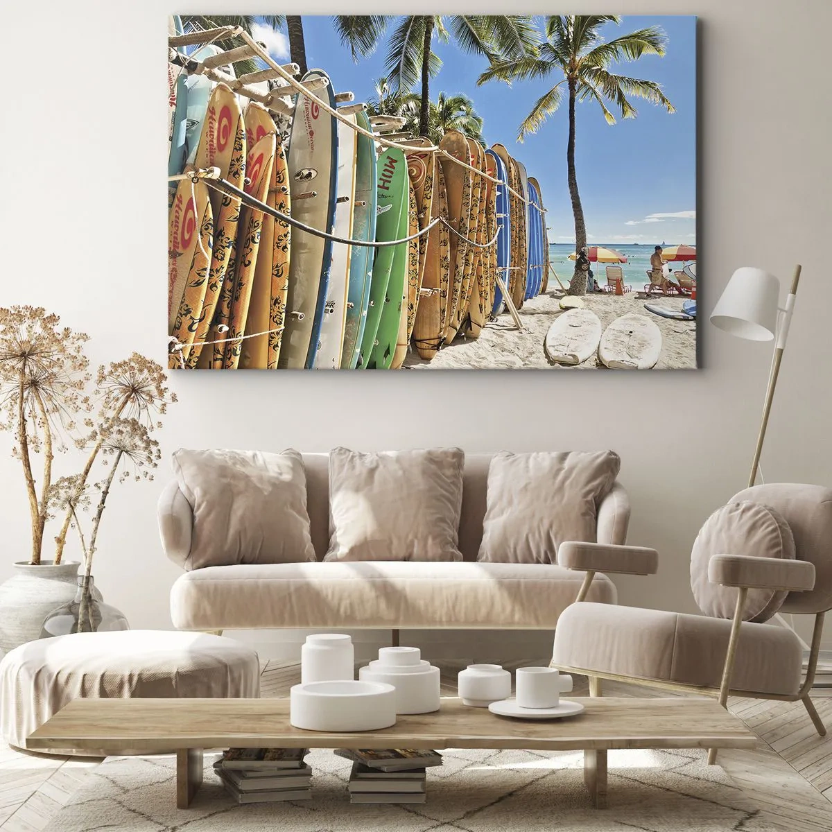 Obraz na plátně - Surfovací prkna na pláži s palmami - 70x50cm - Slunečná zábava - Moderní nástěnná dekorace do obývacího pokoje a ložnice ARTTOR