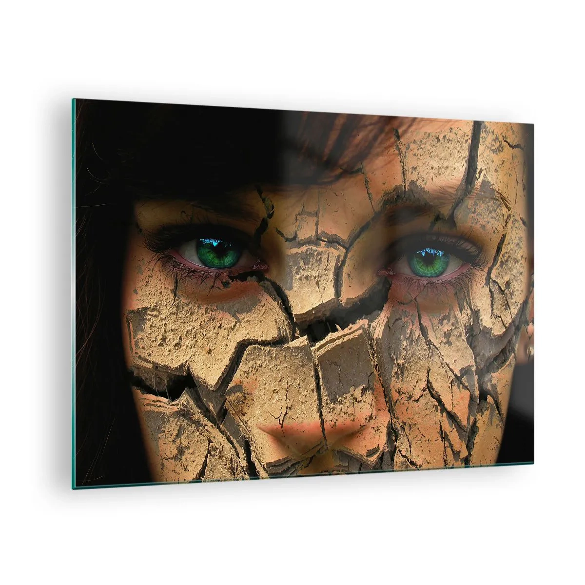 Obraz na skle - Ženská tvář s efektem popraskané země - 70x50cm - Obdiv a hrůza zároveň - Moderní nástěnná dekorace do obývacího pokoje a ložnice ARTTOR