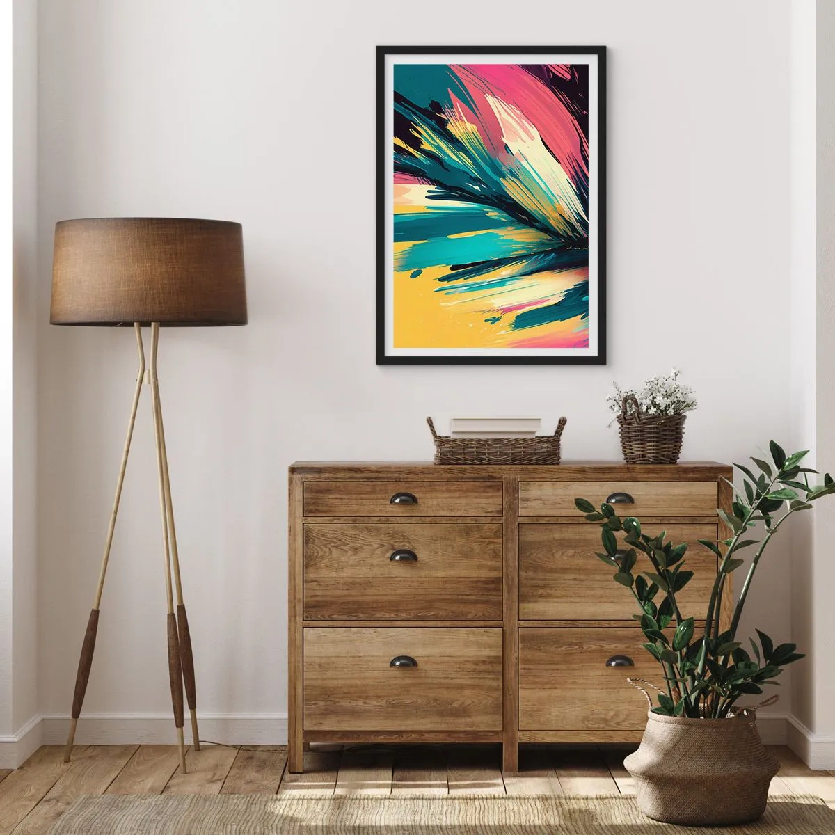 Plakát v černém rámu - Abstraktní exploze barev v dynamickém aranžmá - 50x70cm - Kompozice – exploze radosti - Moderní nástěnná dekorace do obývacího pokoje a ložnice ARTTOR