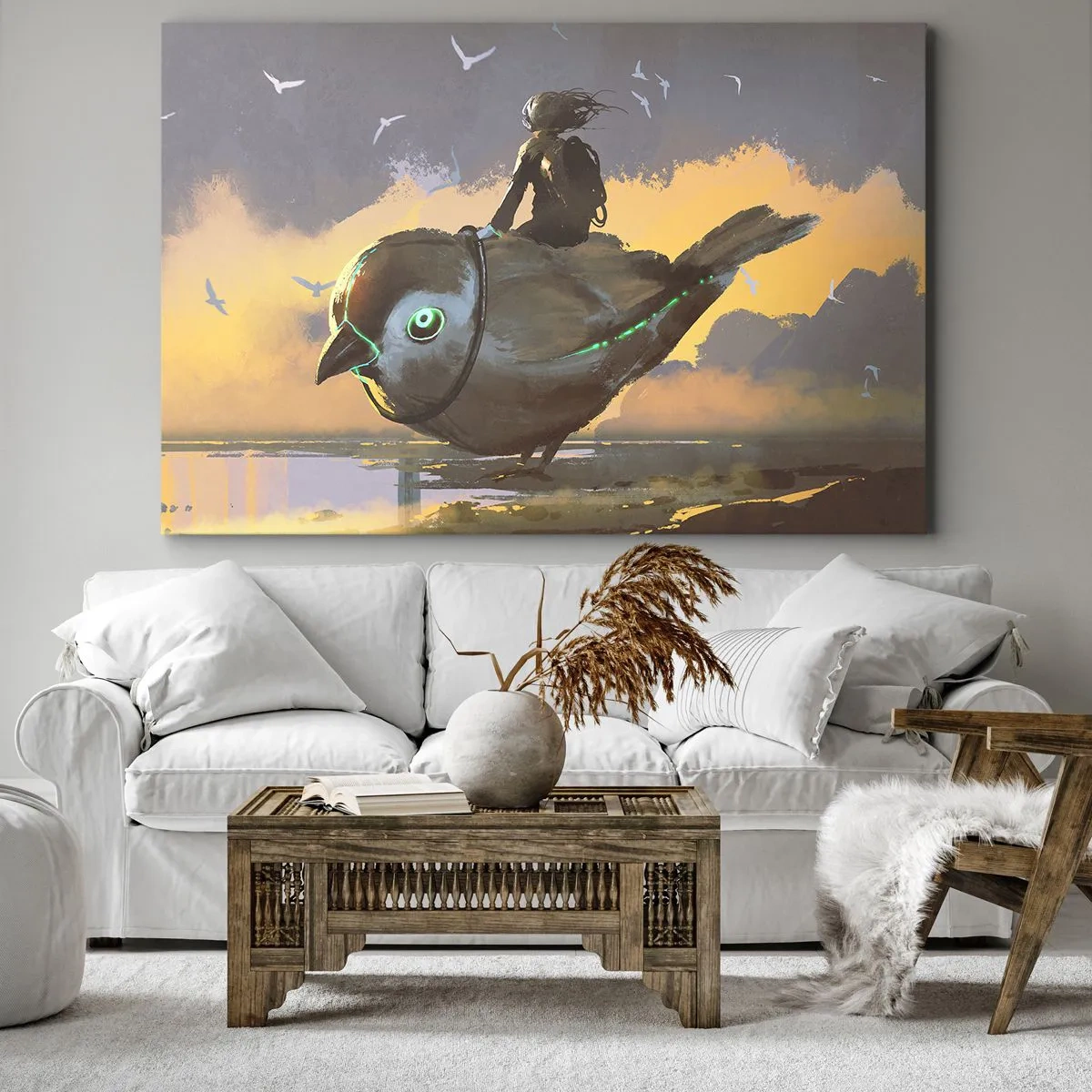 Obraz na plátně - Jezdec na obřím ptákovi v surrealistické krajině - 70x50cm - Zastávka na fantastické cestě - Moderní nástěnná dekorace do obývacího pokoje a ložnice ARTTOR