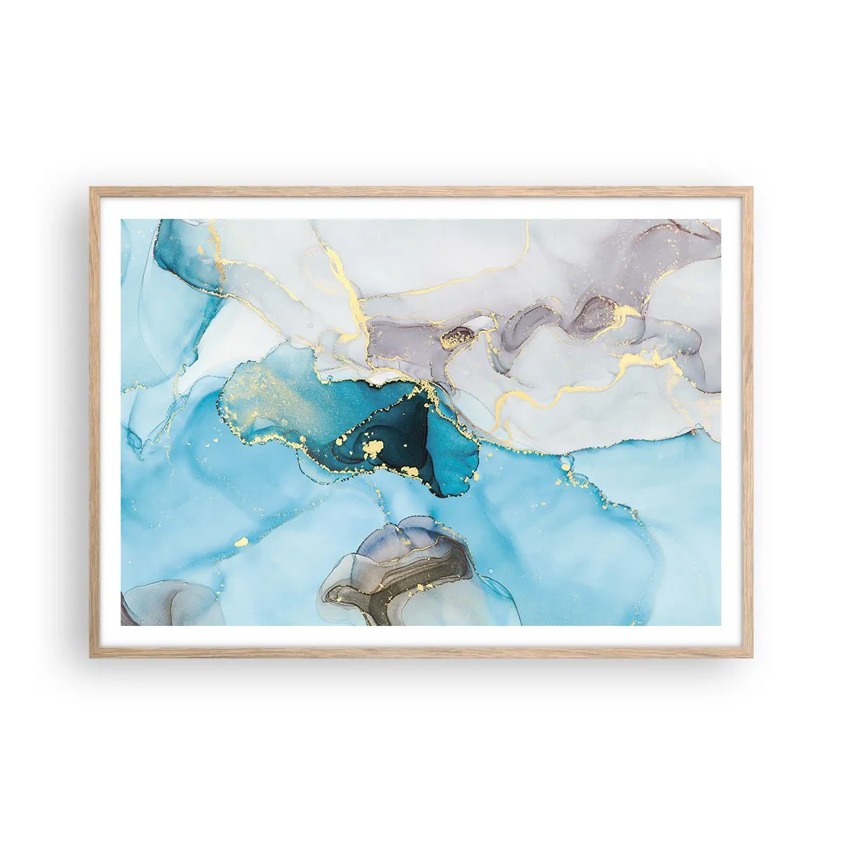 Plakát v rámu světlý dub - Studie o setkání šedé a tyrkysové - 100x70 cm