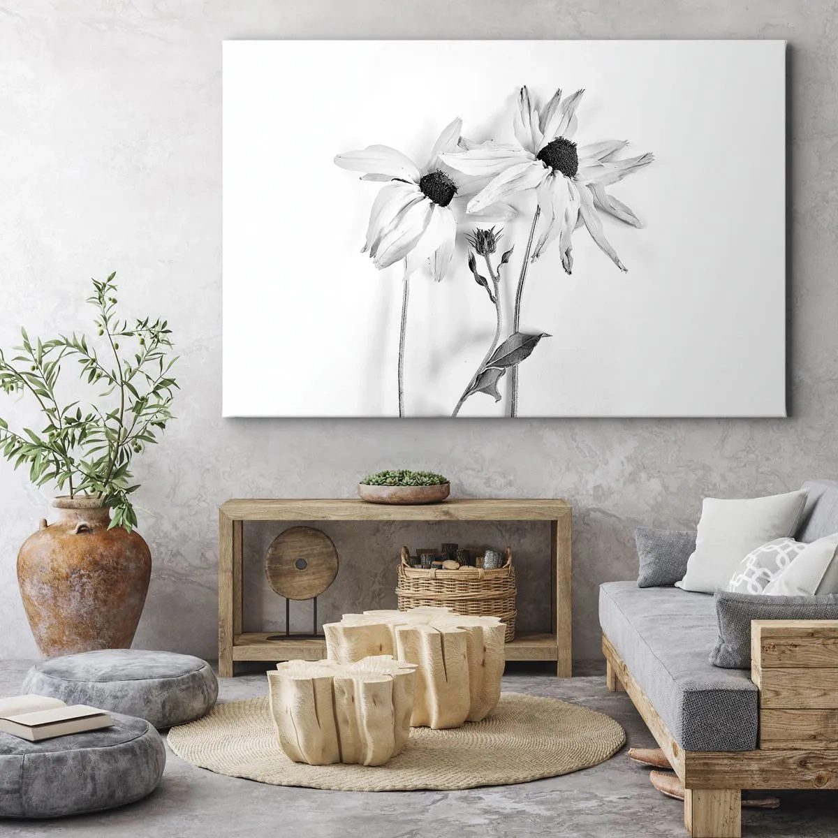 Obraz na plátně - Černobílé květiny s jemnou kompozicí - 70x50cm - Nikdo nechce být sám - Moderní nástěnná dekorace do obývacího pokoje a ložnice ARTTOR
