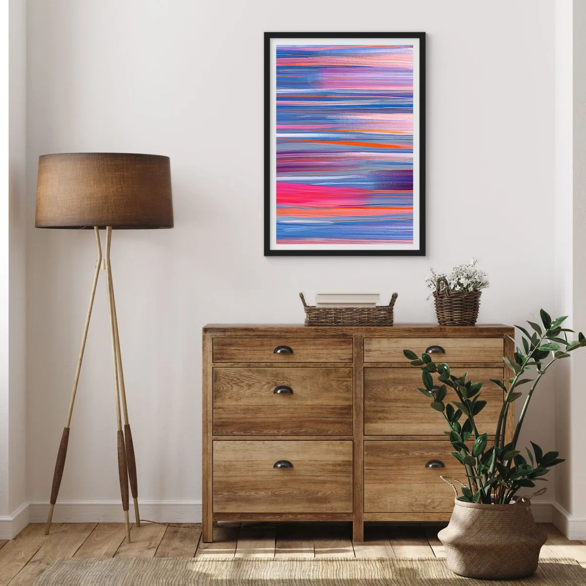 Plakát v černém rámu - Abstraktní vodorovné čáry v odstínech modré a růžové - 50x70cm - Naduhuvstoupení - Moderní nástěnná dekorace do obývacího pokoje a ložnice ARTTOR