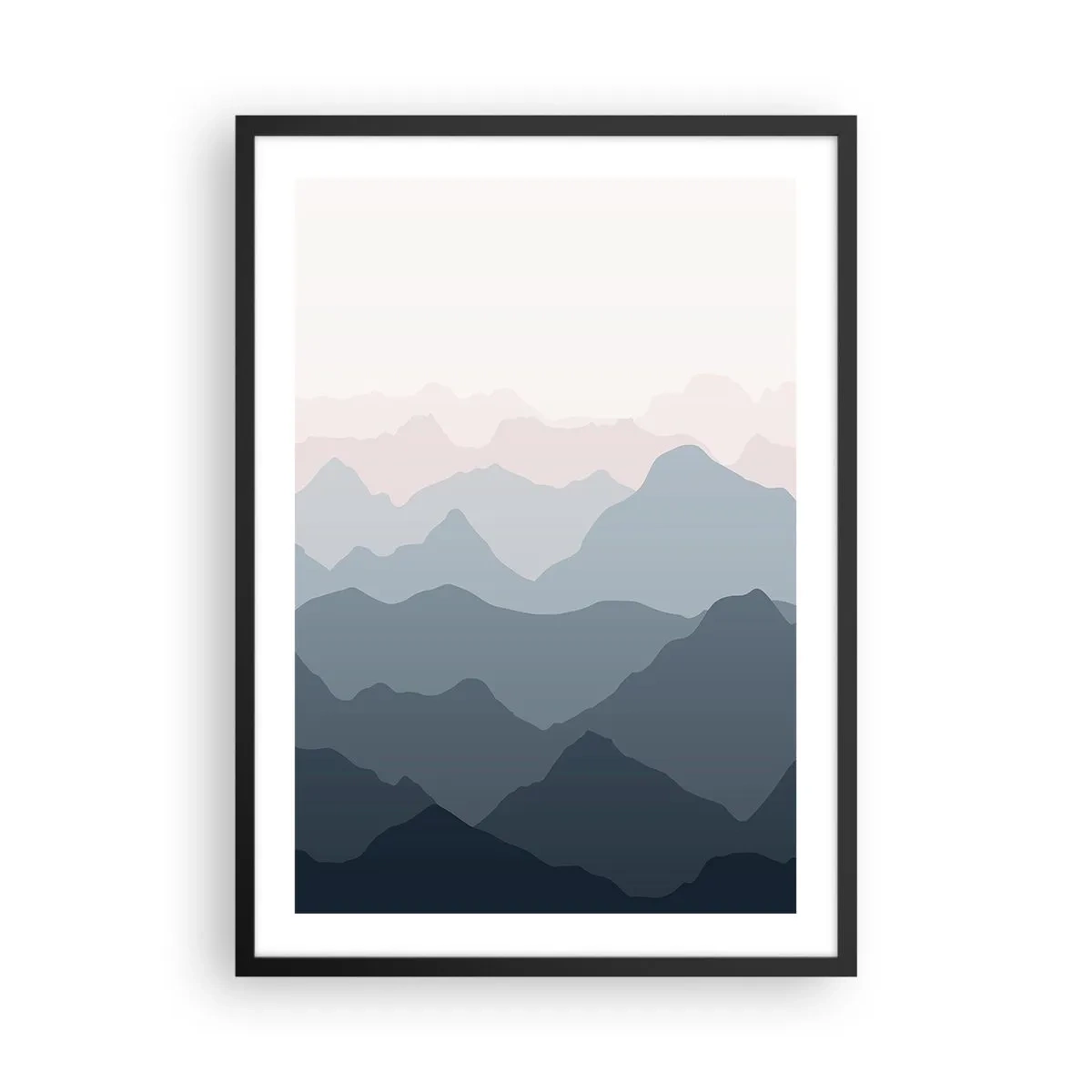 Plakát v černém rámu - Vrstvené pohoří v odstínech modré a šedé - 50x70cm - Vlny hor - Moderní nástěnná dekorace do obývacího pokoje a ložnice ARTTOR