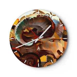 Nástěnné hodiny - Stylizovaná beraní hlava s dynamickým vzorem a intenzivními barvami - 30x30cm - Magie - náboženství - rituály - Moderní nástěnná dekorace do obývacího pokoje, kuchyně a ložnice ARTTOR