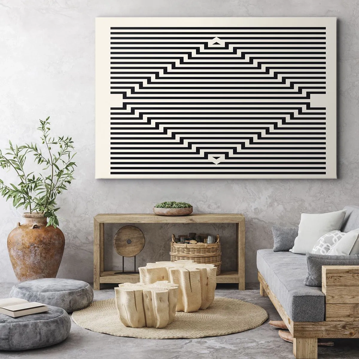 Obraz na plátně - Černobílé čáry vytvářející efekt geometrické iluze - 70x50cm - Geometrická iluze - Moderní nástěnná dekorace do obývacího pokoje a ložnice ARTTOR