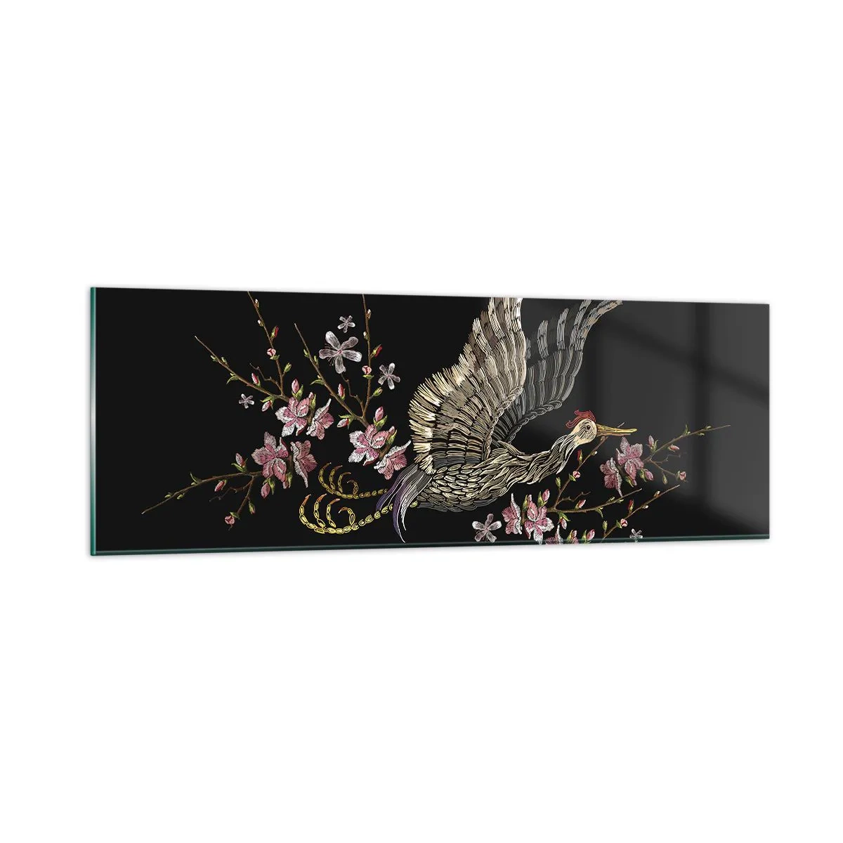 Obraz na skle - Exotický vyšívaný pták - 90x30 cm