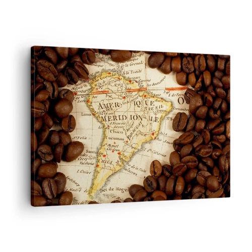 Obraz na plátně - Mapa Jižní Ameriky obklopená kávovými zrny. - 70x50cm - Odkud je nejlepší káva? - Moderní nástěnná dekorace do obývacího pokoje a ložnice ARTTOR
