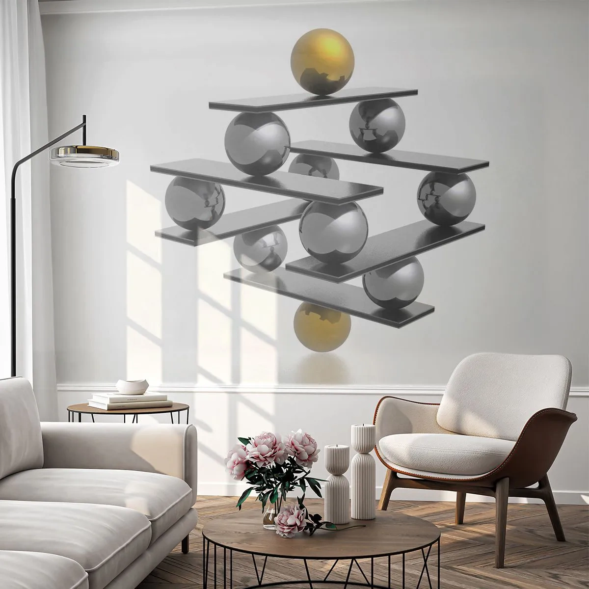 Fototapeta Samolepicí Deluxe Sticker - Zlato-stříbrná rovnováha - Abstrakce, Kovové koule, 3D - 250x175 cm