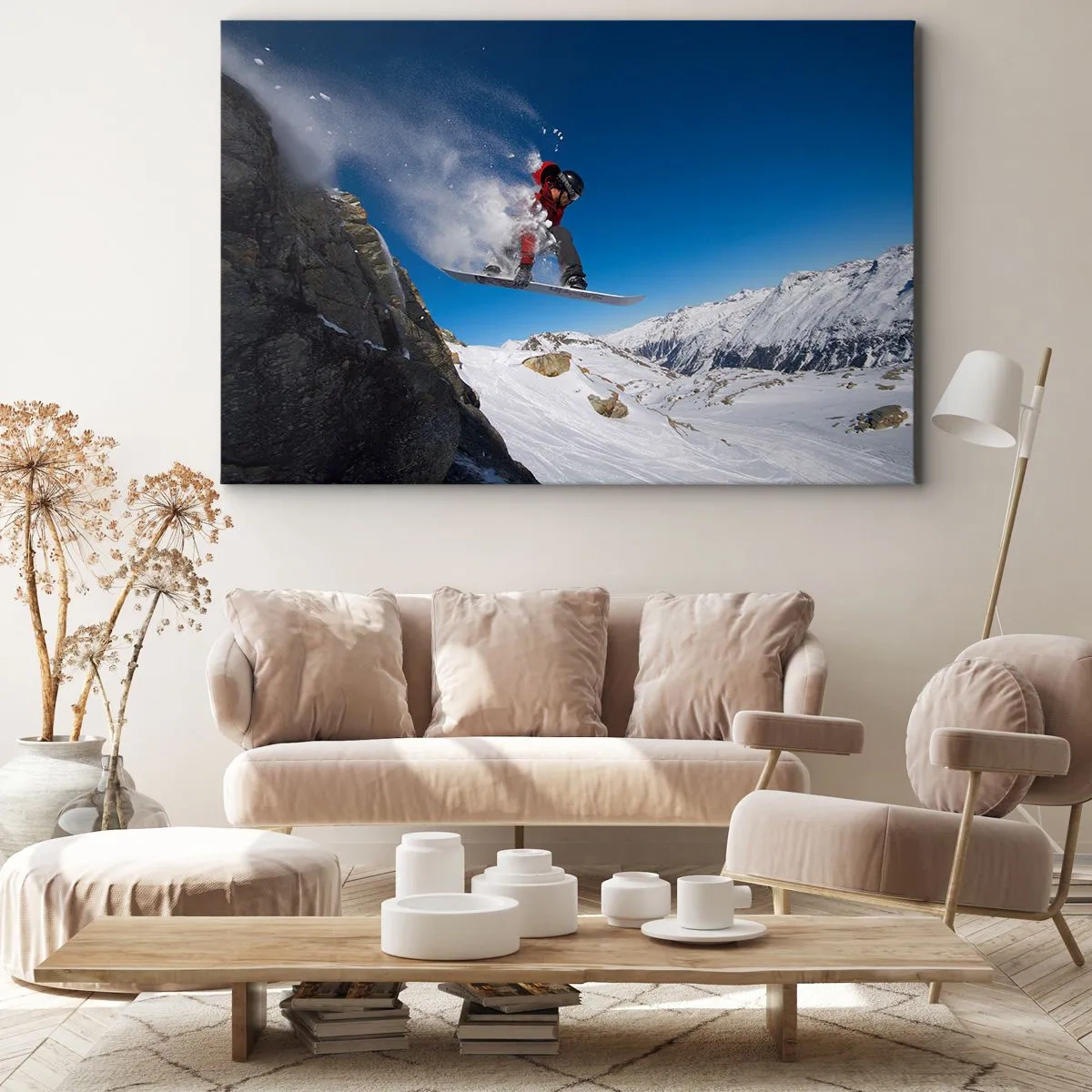 Obraz na plátně - Snowboardista skáče ze skály na pozadí horské krajiny - 70x50cm - A stal ses součástí prostoru - Moderní nástěnná dekorace do obývacího pokoje a ložnice ARTTOR