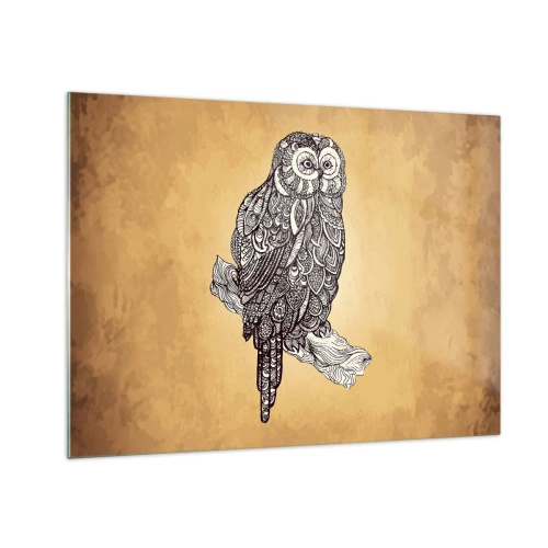 Obraz na skle - Ornamentální styl sova na sépiovém pozadí - 70x50cm - Mistrovské ornamenty moudrosti - Moderní nástěnná dekorace do obývacího pokoje a ložnice ARTTOR