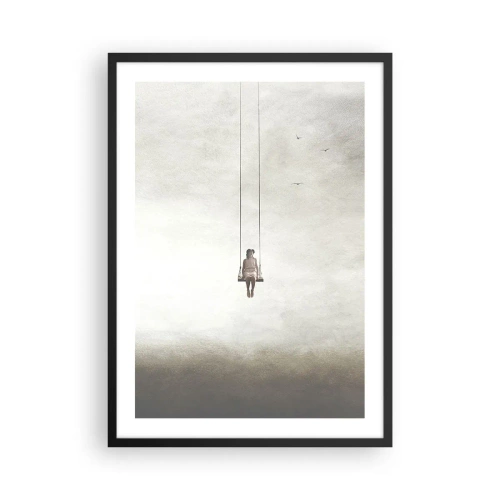 Plakát v černém rámu - Postava na houpačce zavěšená v prostoru - 50x70cm - Dítě v nás - Moderní nástěnná dekorace do obývacího pokoje a ložnice ARTTOR