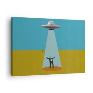 Obraz na plátně - Muž ve světle UFO na pozadí barevné krajiny - 70x50cm - Blízké setkání - Moderní nástěnná dekorace do obývacího pokoje a ložnice ARTTOR